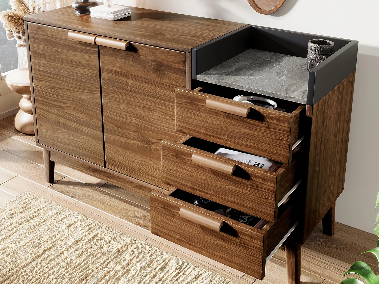 Bufet w stylu dębowym 120×40×77 cm – z 2 drzwiami i 3 szufladami – blat z efektem marmuru – Ciemny dąb 4385400