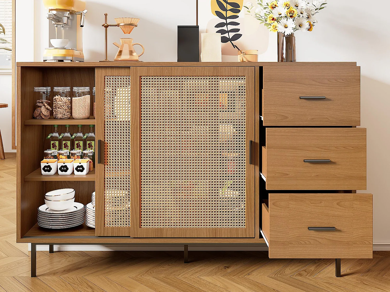 Buffet w stylu wiejskim 140×37×91 cm - z 2 przesuwnymi drzwiami i 3 szufladami - metalowe nogi - płyta wiórowa - naturalny 4385413 - obrazek 1