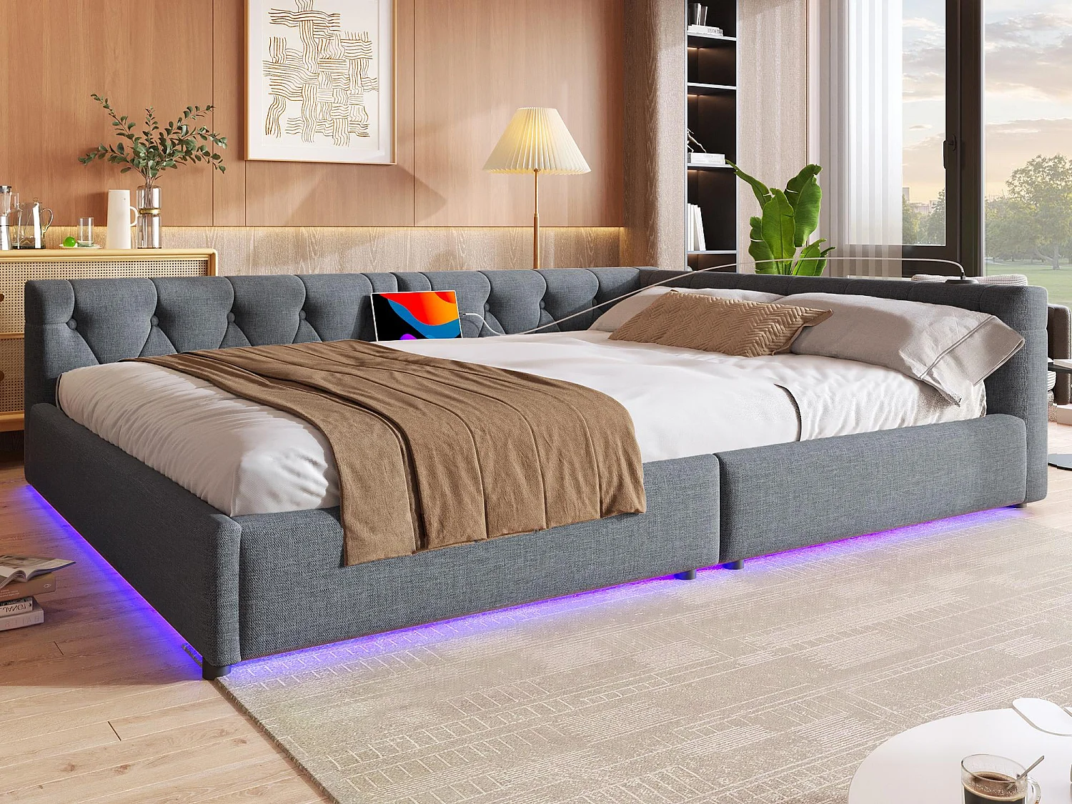 Leżanka lniana 140×200 cm – z diodami LED i portami ładowania – Szara 3879192