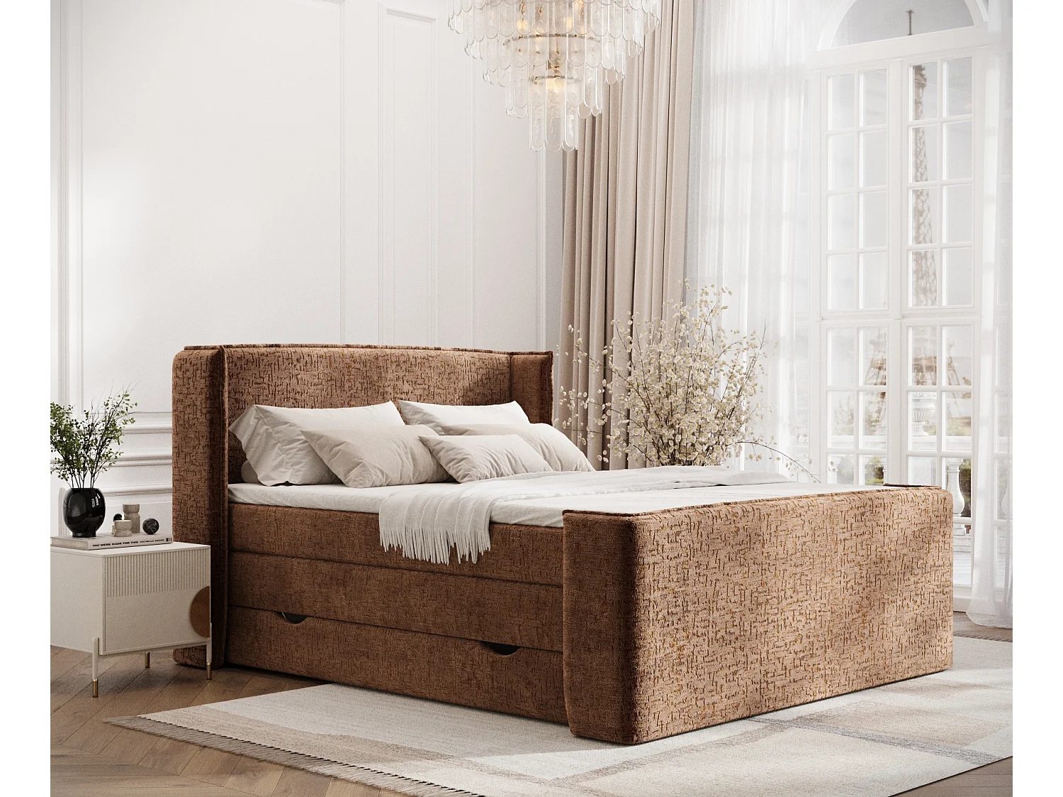 Łóżko boxspring w tkaninie szenilowej Freeland - materac - topper - 180x200 cm - miedziany 3981473 - obrazek 1