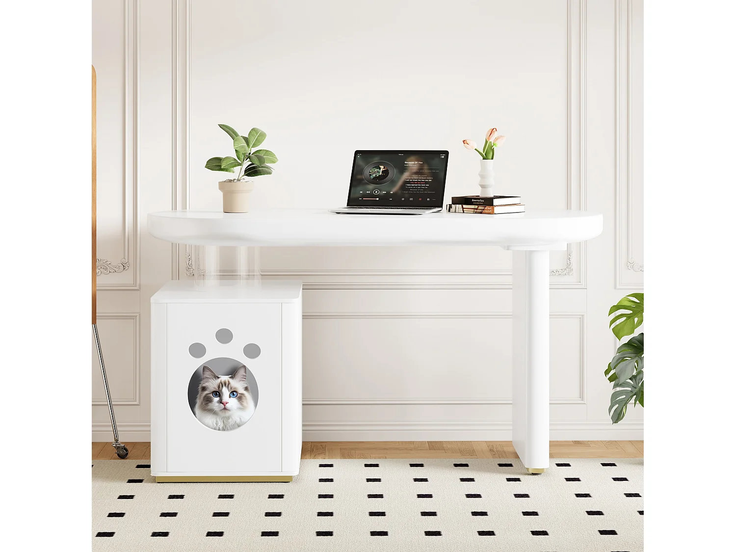 Biurko z koszem dla zwierząt - 117 x 50 x 76 cm - stabilne i nowoczesne - styl francuski - płyta MDF - białe 4396717 - obrazek 1