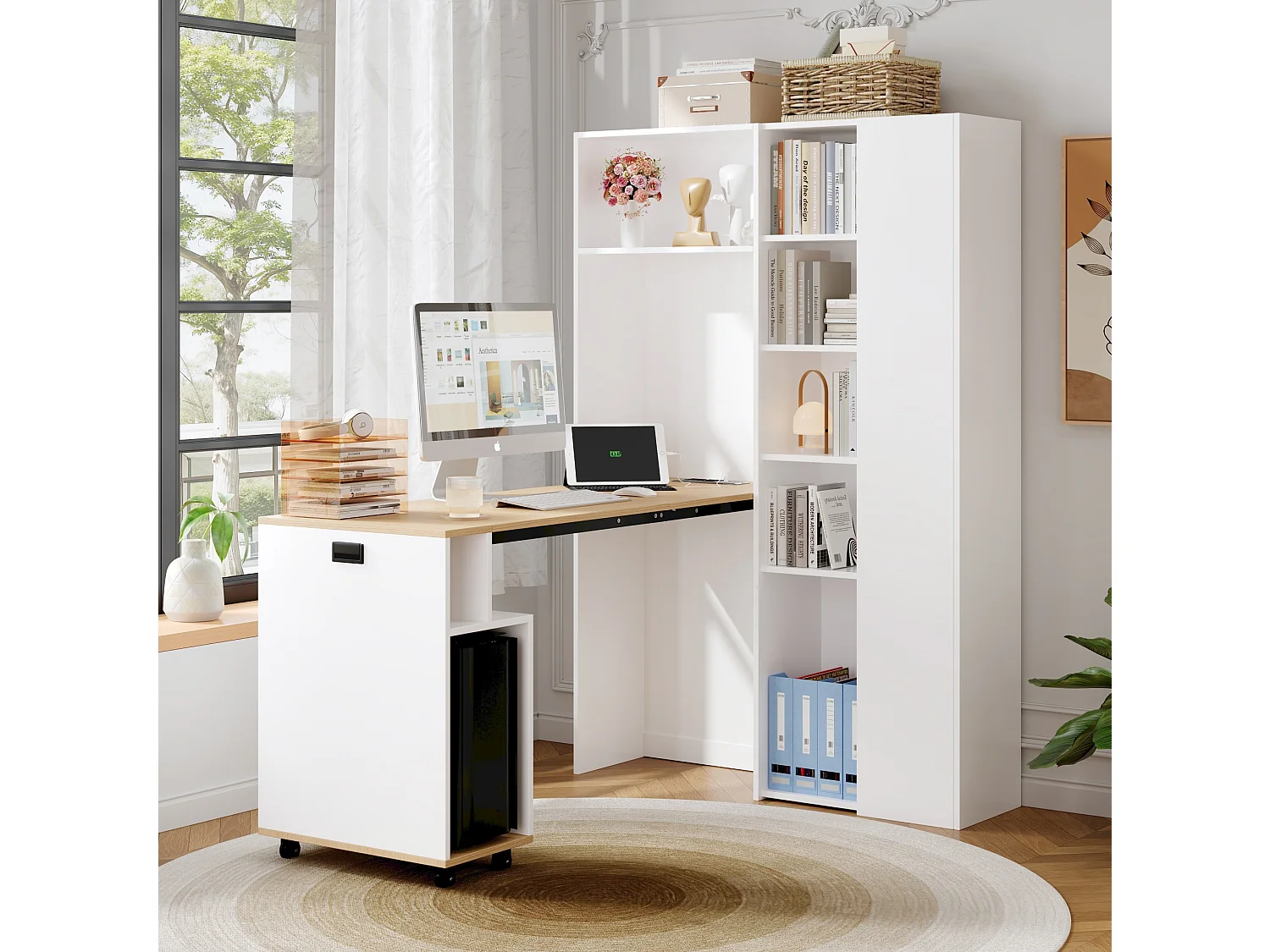 Biurko składane z półkami + USB – 104 x 30,5 x 160 cm – regał i biurko 2 w 1 – MDF – białe 4396735
