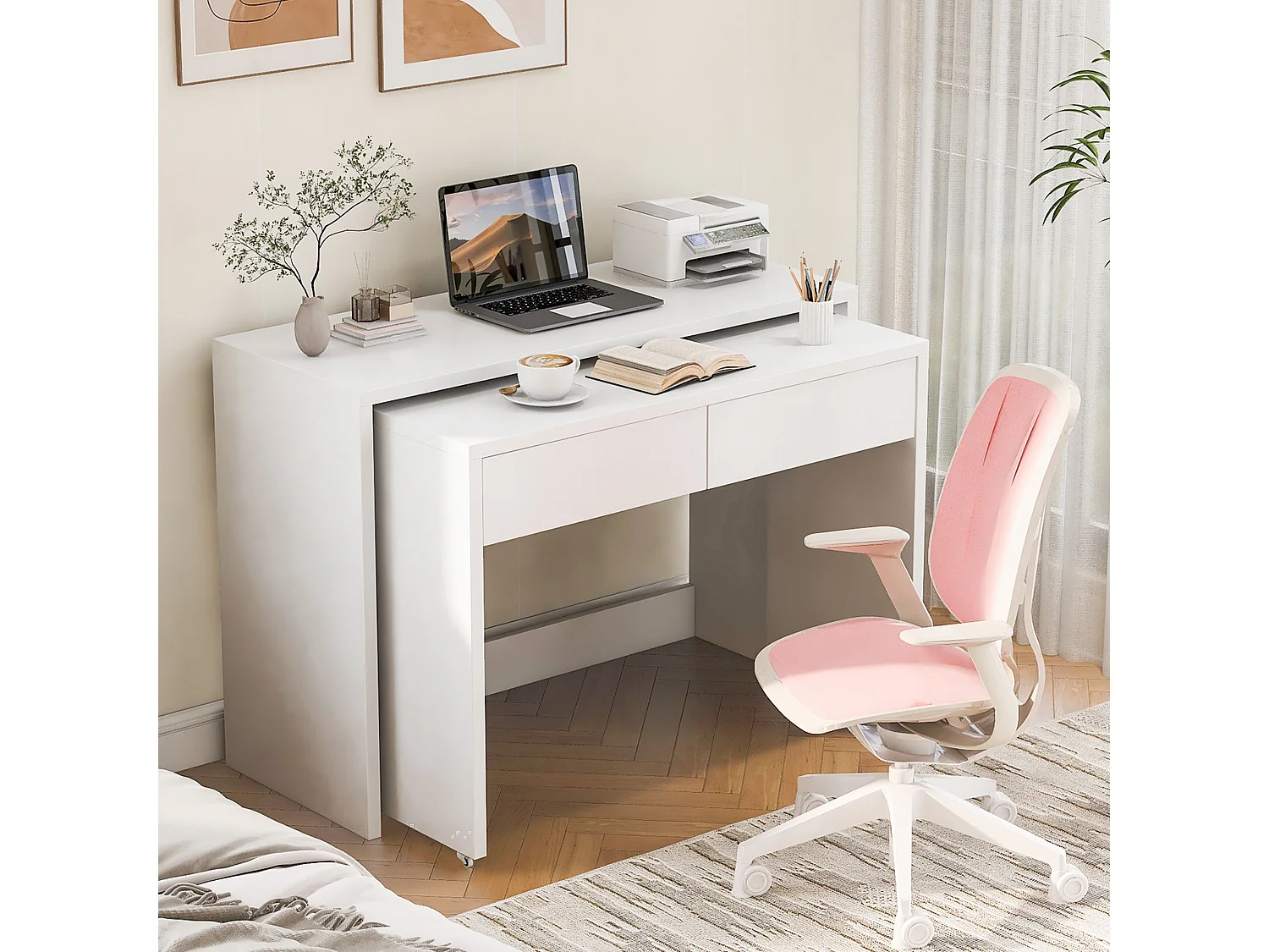 Biurko składane 2 w 1 – 110 x 40 x 78 cm – Półka + komoda z 2 szufladami – płyta wiórowa – kolor biały 4396747