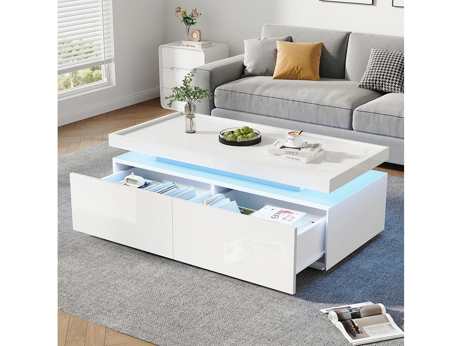 Błyszczący stolik kawowy do salonu – 95 x 45 x 35 cm – z diodami LED + 2 szuflady – płyta wiórowa – biały 4396748