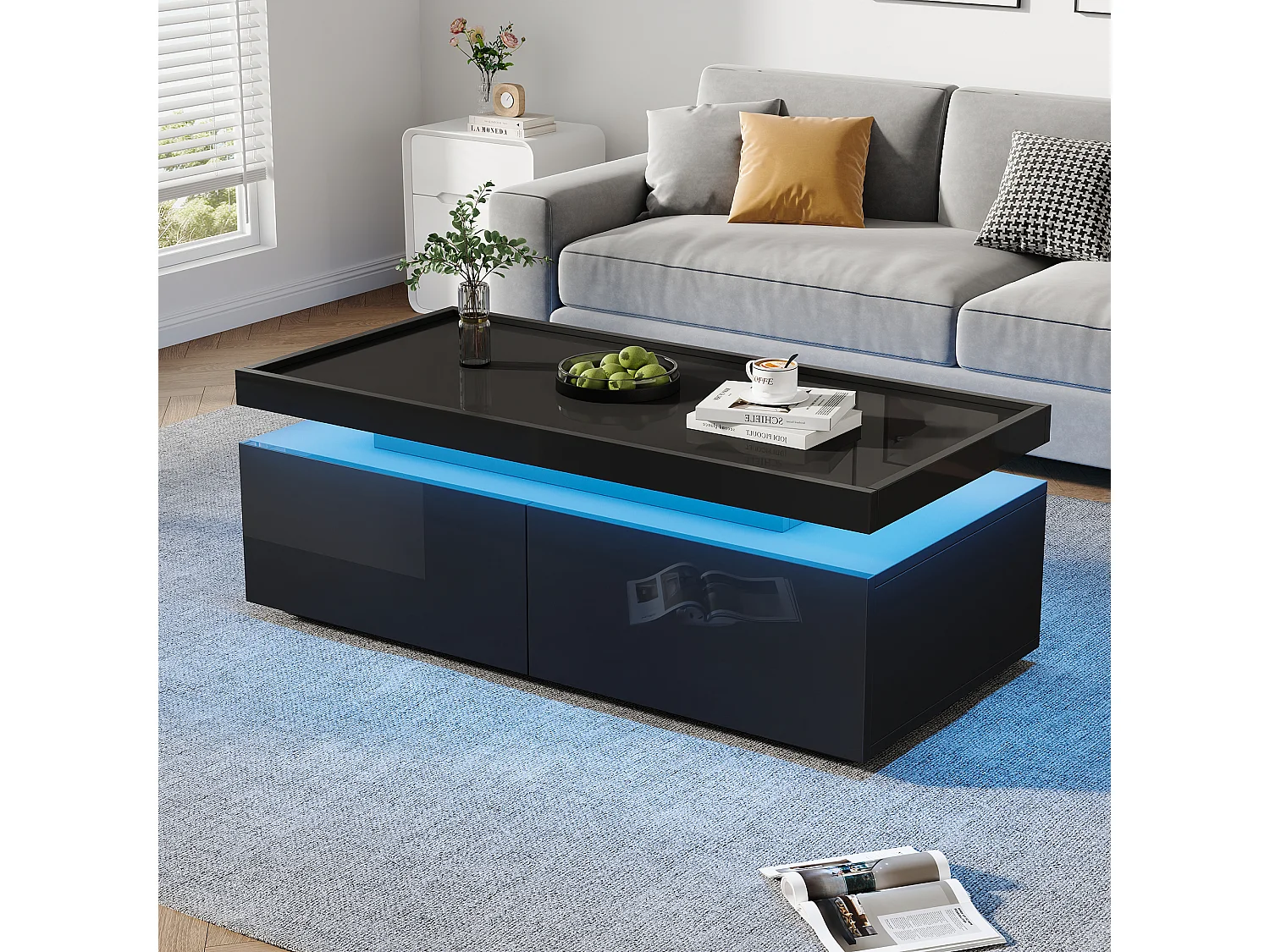 Błyszczący stolik kawowy do salonu – 95 x 45 x 35 cm – z diodami LED + 2 szuflady – płyta wiórowa – czarny 4396805