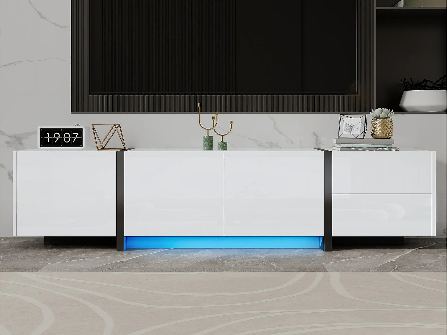 Błyszcząca szafa pod TV 170×30×39 cm – z oświetleniem LED – 3 drzwi i 1 szuflada – Płyta wiórowa – Biały 4397770