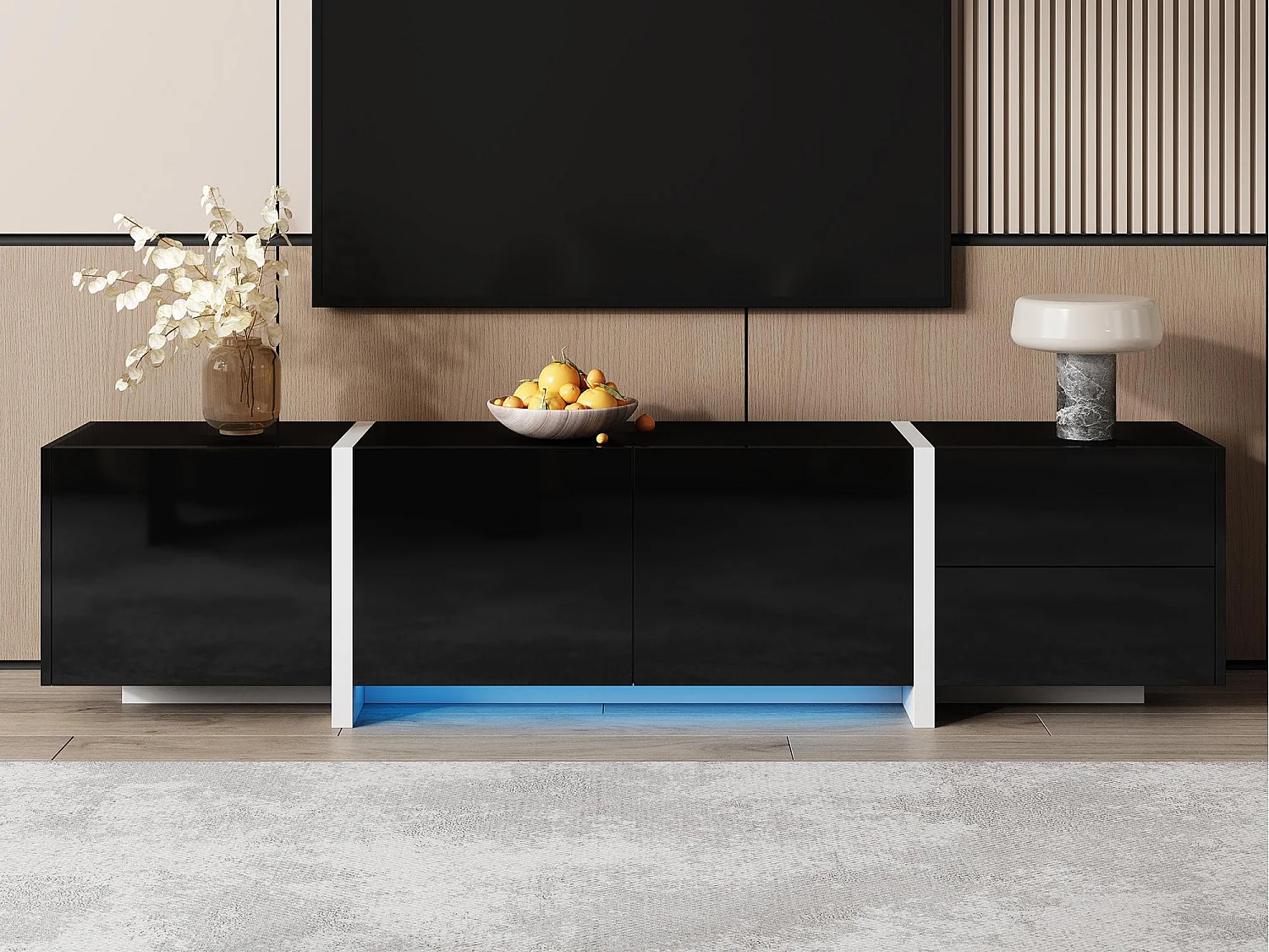 Błyszcząca szafa pod TV 170×30×39 cm – z oświetleniem LED – 3 drzwi i 1 szuflada – Płyta wiórowa – czarny 4397773