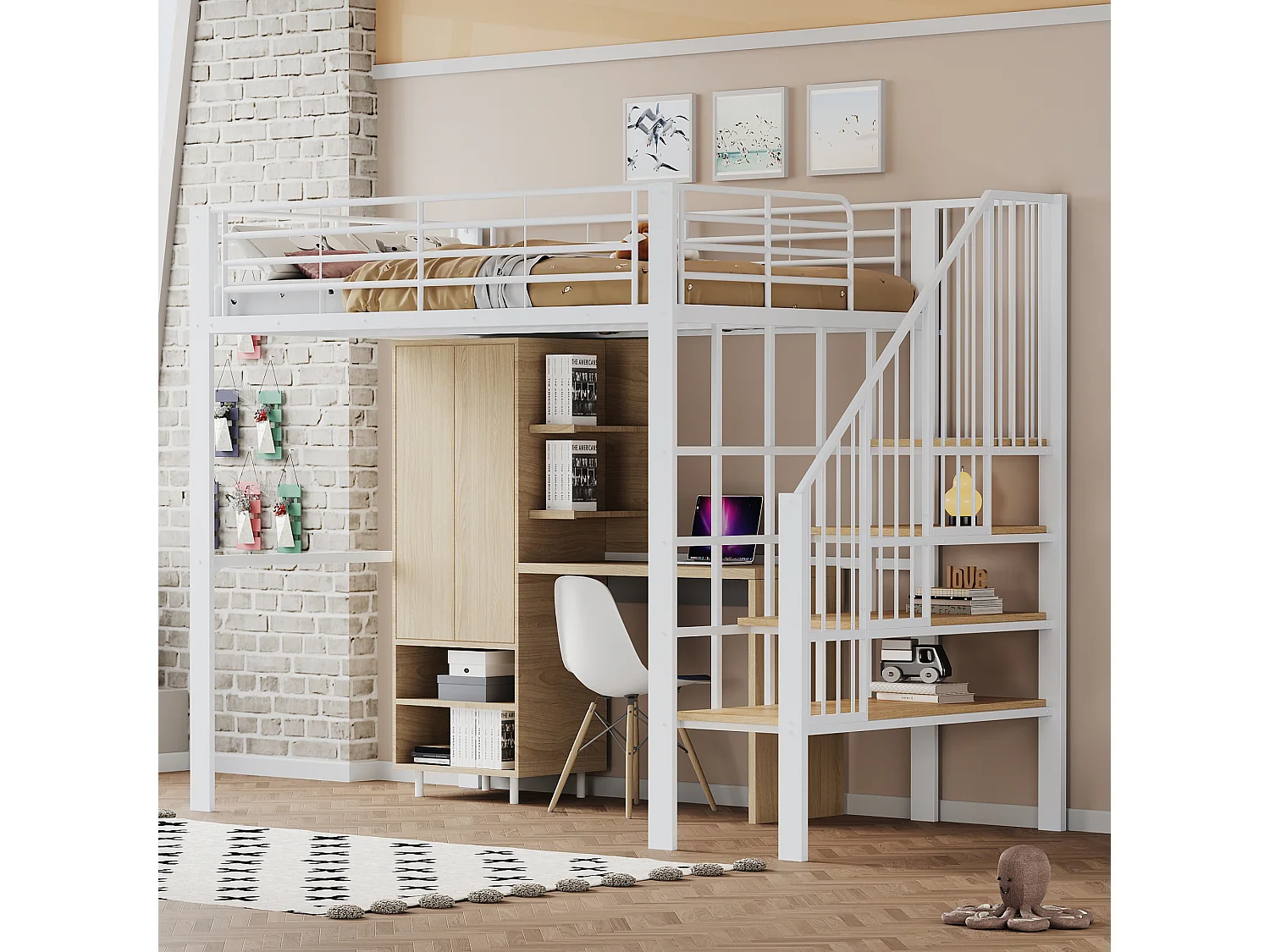 Łóżko piętrowe 140 x 200 cm z dużymi schodami – metal + sklejka + płyta MDF – stelaż z listew – białe 3703243 - obrazek 1