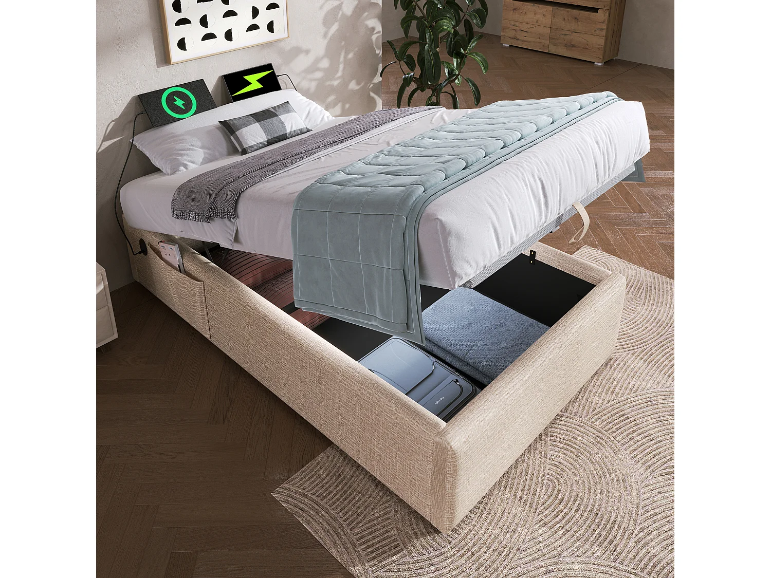 Łóżko 90 x 190 cm z pojemnikiem - Łóżko dziecięce z portem USB i kieszenią - beżowy len - bez materaca 4405073 - obrazek 1