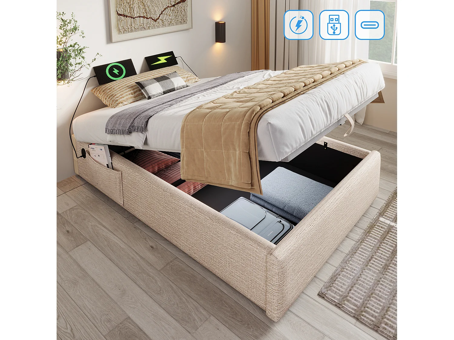 Łóżko 90 x 200 cm z pojemnikiem - Łóżko dziecięce z portem USB i kieszenią - beżowy len - bez materaca 4405093 - obrazek 1