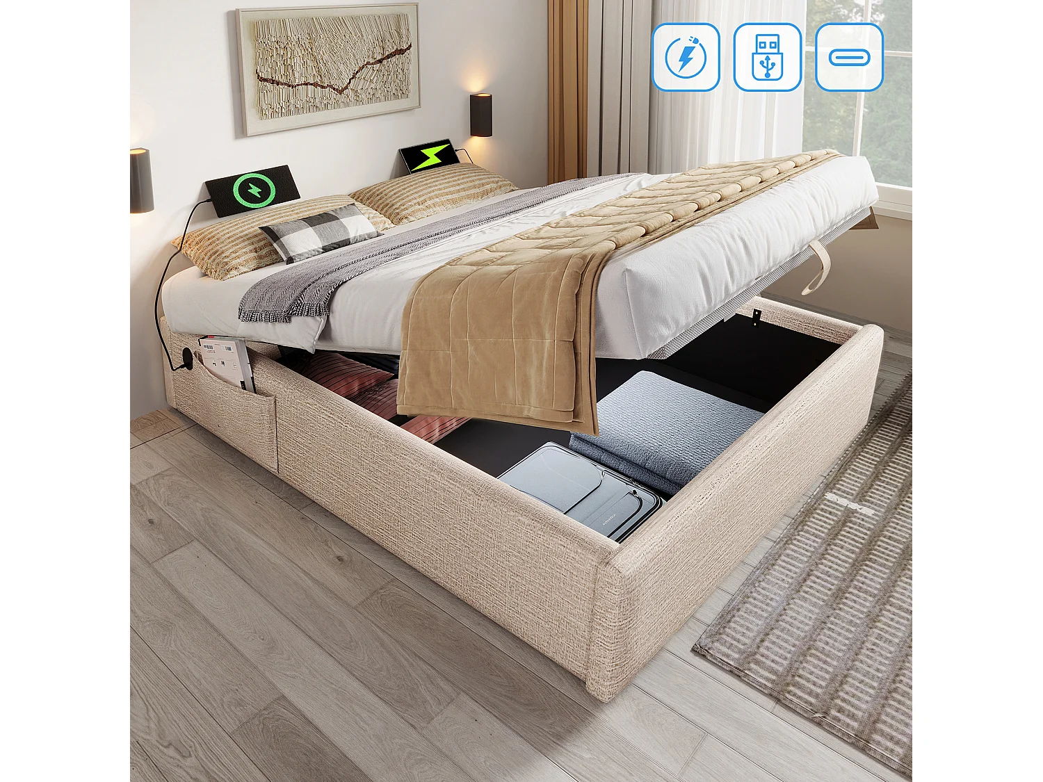 Łóżko 140 x 200 cm z pojemnikiem – Łóżko dziecięce z portem USB i kieszenią – beżowy len – bez materaca 4405097