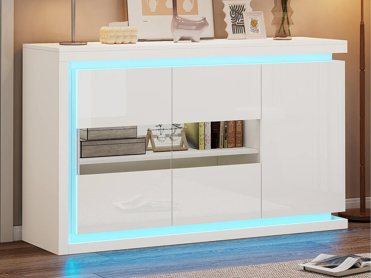 Bufet wysokiego połysku 140×40×84 cm – 3 drzwi – z oświetleniem LED – ze szkłem hartowanym – płyta wiórowa – biały 4407919