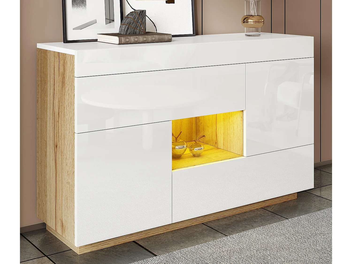 Błyszczący bufet 120×37×76,5 cm - Oświetlenie LED - 2 szuflady i 2 drzwi - Otwarte półki - Biały + Naturalny 4407920 - obrazek 1