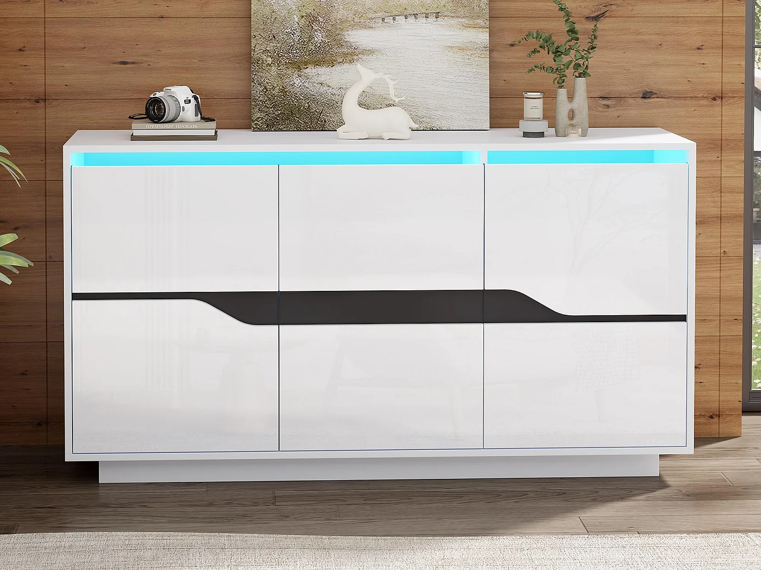 Błyszczący bufet 140×40×76 cm - 3 drzwi - z oświetleniem LED - z regulowanymi półkami - płyta wiórowa - biały 4407923 - obrazek 1