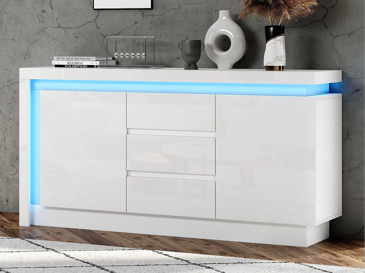 Błyszczący bufet 140×35×72 cm - 2 drzwi i 3 szuflady - z oświetleniem LED - z regulowanymi półkami - biały 4407922 - obrazek 1