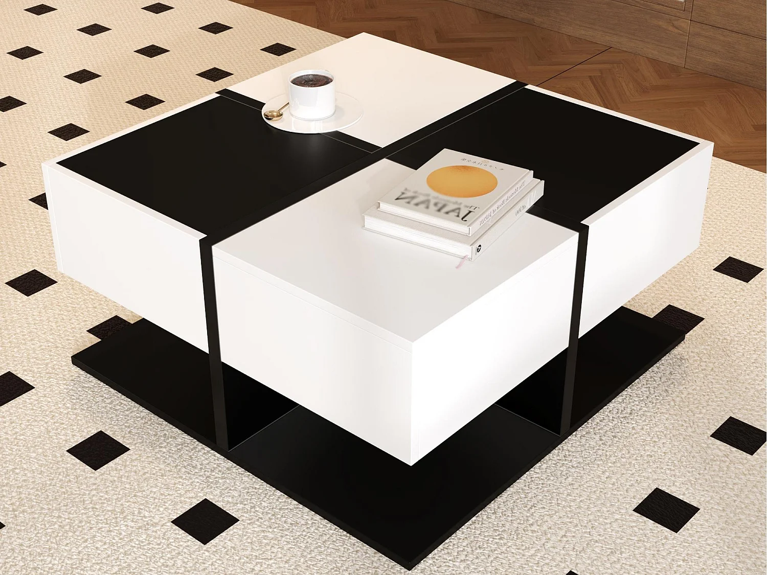 Błyszczący stolik kawowy 70×70×35,5 cm – kwadratowy – z 2 szufladami – płyta wiórowa – czarny i biały 4407941