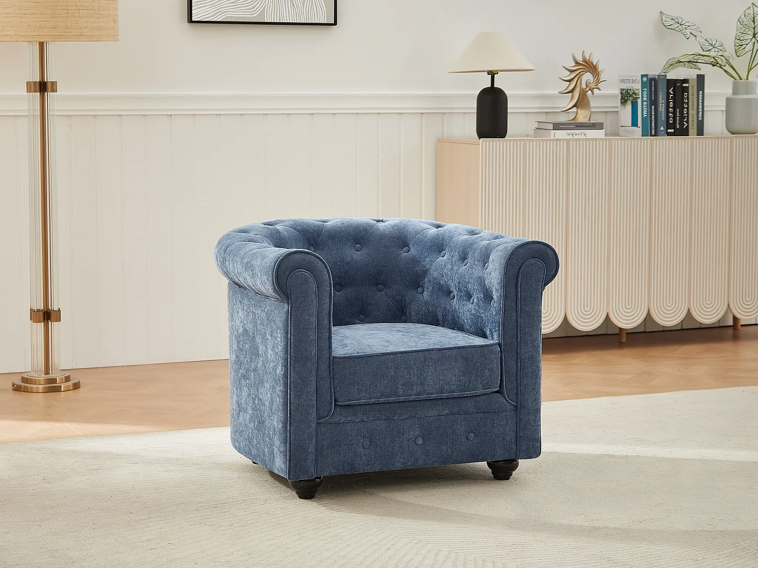 Fotel z niebieskiej tkaniny CHESTERFIELD 3977725