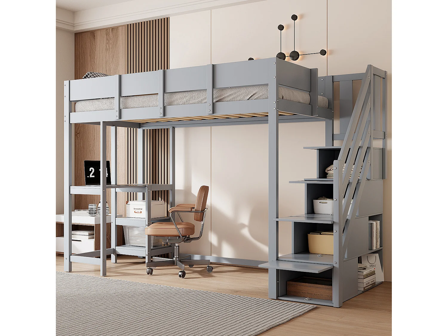 Łóżko antresola z półką - 90 x 200 cm - z biurkiem + schowkiem w schodach - drewno + MDF - szare 4322391 - obrazek 1