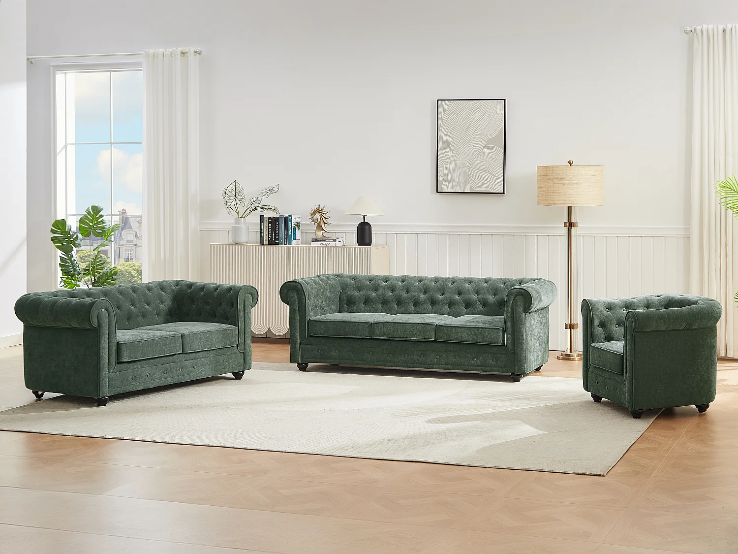 Kanapa 3-osobowa, 2-osobowa i fotel z zielonej tkaniny CHESTERFIELD 4420591