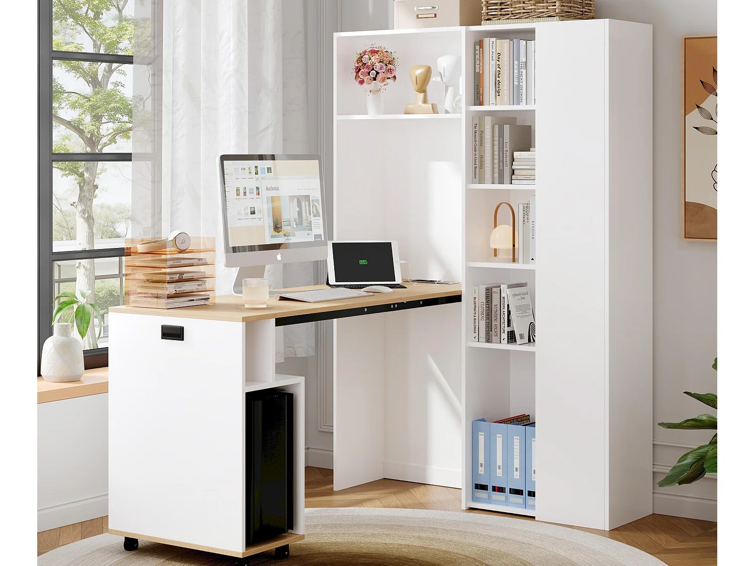 Biurko składane 104.5×30.5×160 cm – z biblioteczką – gniazdka i porty USB – Regulowane półki – Z kółkami – Biały+naturalny 4422124