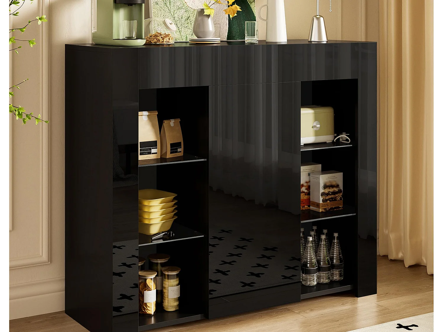 Bufet 95×35×83 cm – wykończenie błyszczące – 1 drzwi – z półkami szklanymi – płyta wiórowa – czarny 4422126
