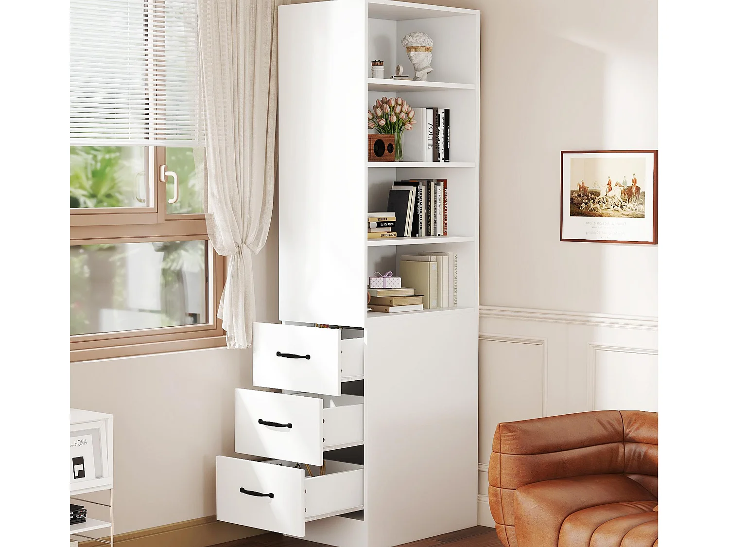 Biblioteczka 60x38x180 cm – Lewa i prawa strona wymienne – Z 3 szufladami – Regulowane półki – Biały 4422130