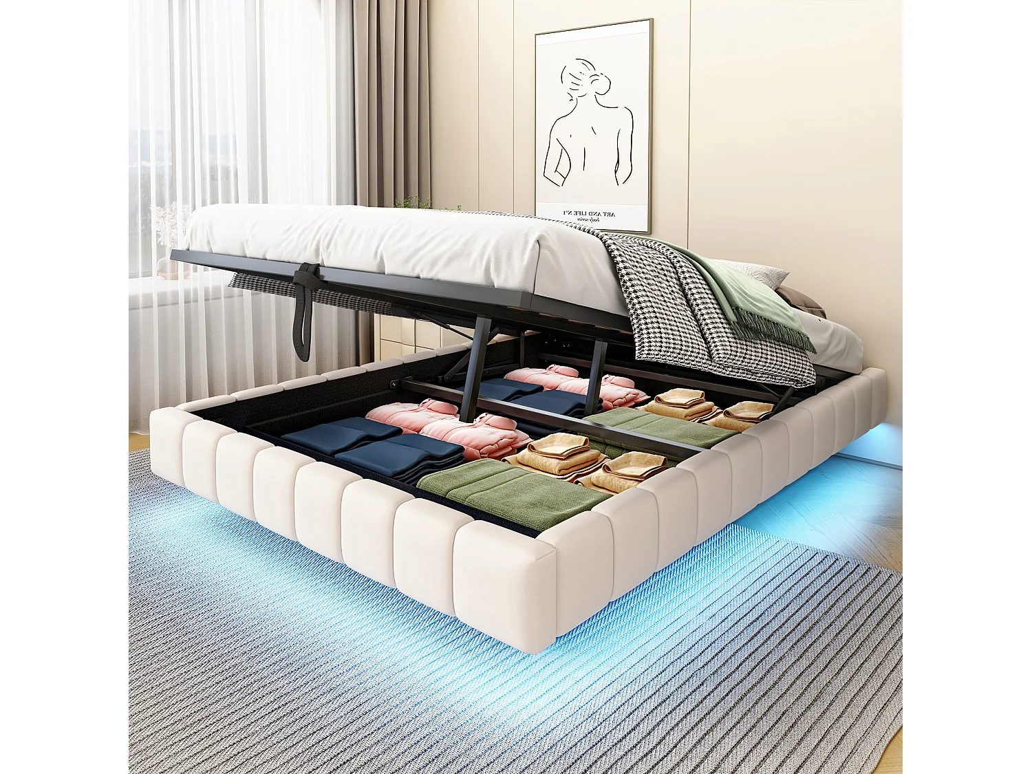 Łóżko 140 x 200 cm z pojemnikiem – Łóżko dla dorosłych z oświetleniem LED – bez zagłówka – beżowy len – bez materaca 4423682