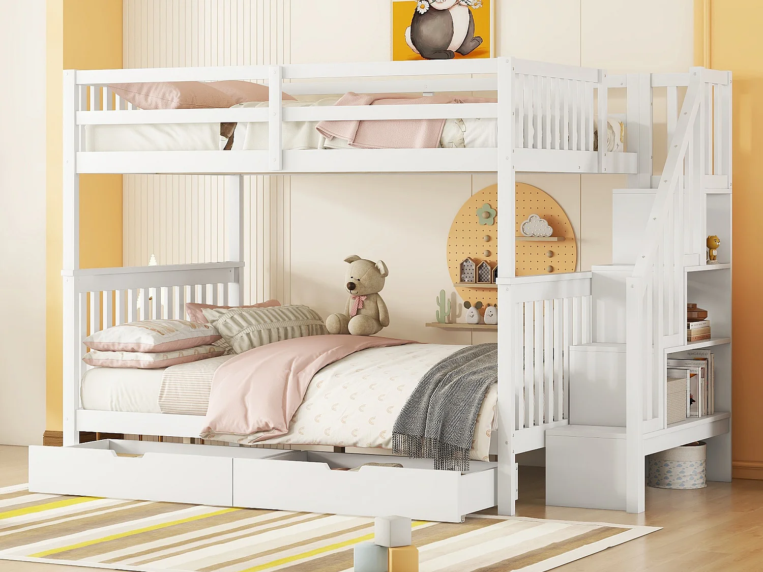 Łóżka piętrowe dla dzieci 2 x 140 x 200 cm – półka schodowa + 2 szuflady – drewno MDF – białe 2914966