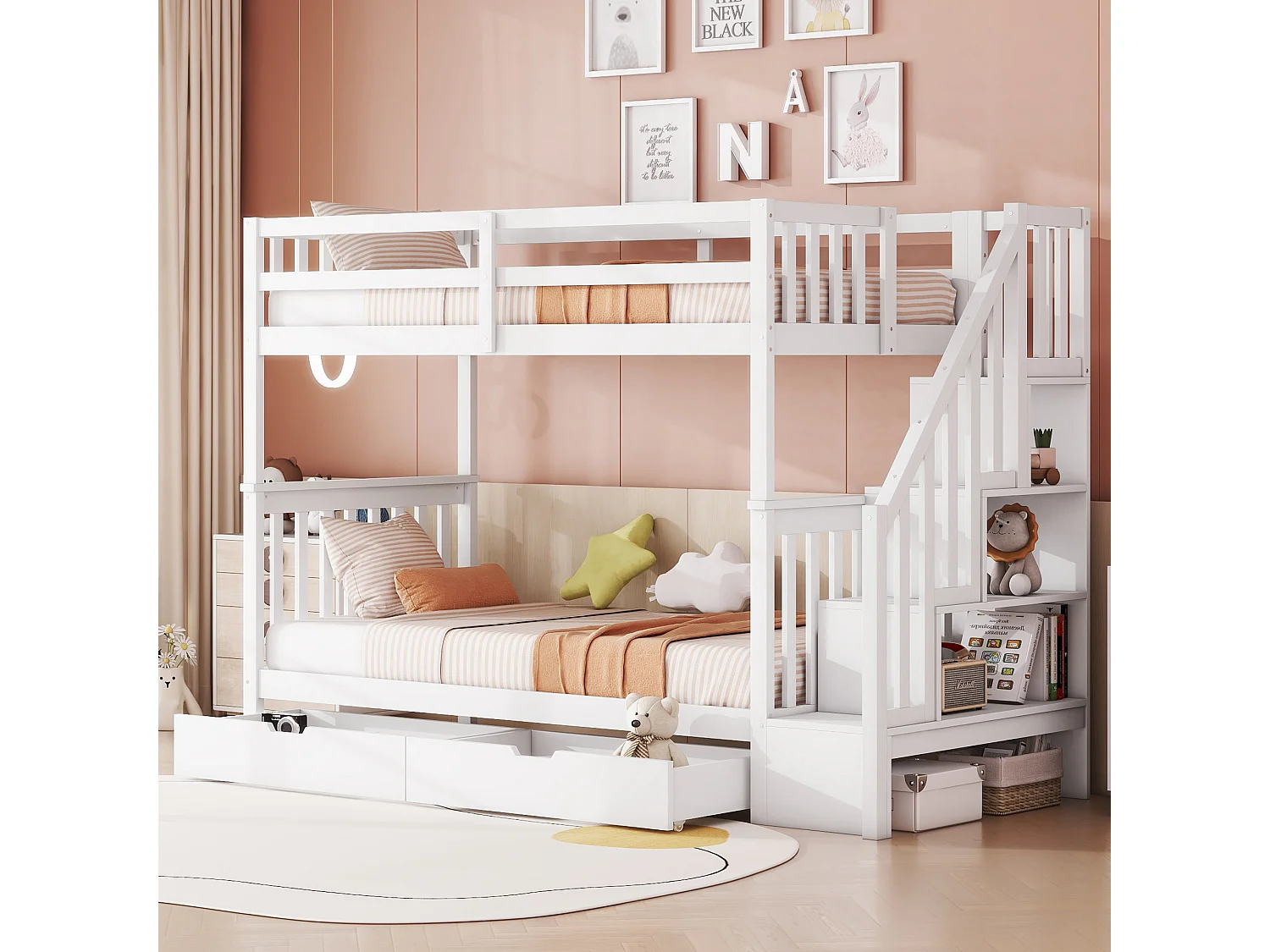 Łóżka piętrowe dla dzieci 2 x 90 x 200 cm – półka schodowa + 2 szuflady – drewno MDF – białe 2914970
