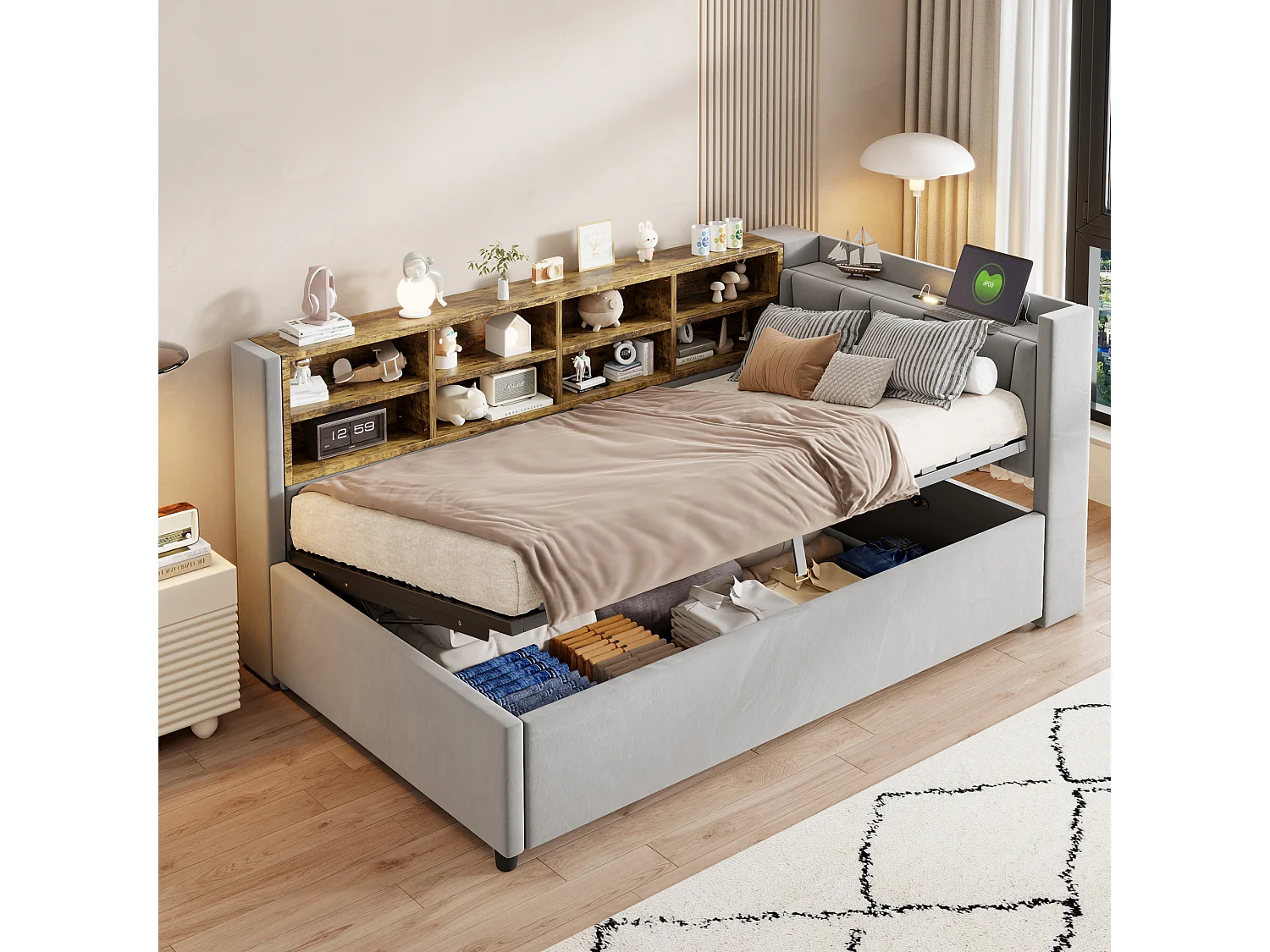 Leżanka 90×200 cm, jasnoszary aksamit, łóżko z pojemnikiem, LED i USB, półka – bez materaca 4429694