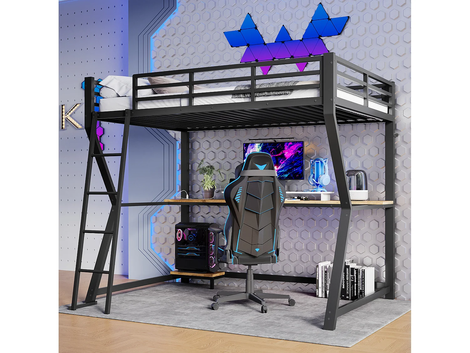 łóżko antresolowe 90x200 cm, czarne, łóżko młodzieżowe z oświetleniem LED i USB, biurko - bez materaca 4429739 - obrazek 1
