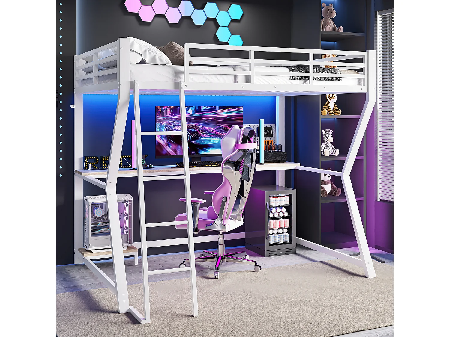 łóżko antresolowe 90x200 cm, białe, łóżko młodzieżowe z oświetleniem LED i USB, biurko - bez materaca 4429765 - obrazek 1