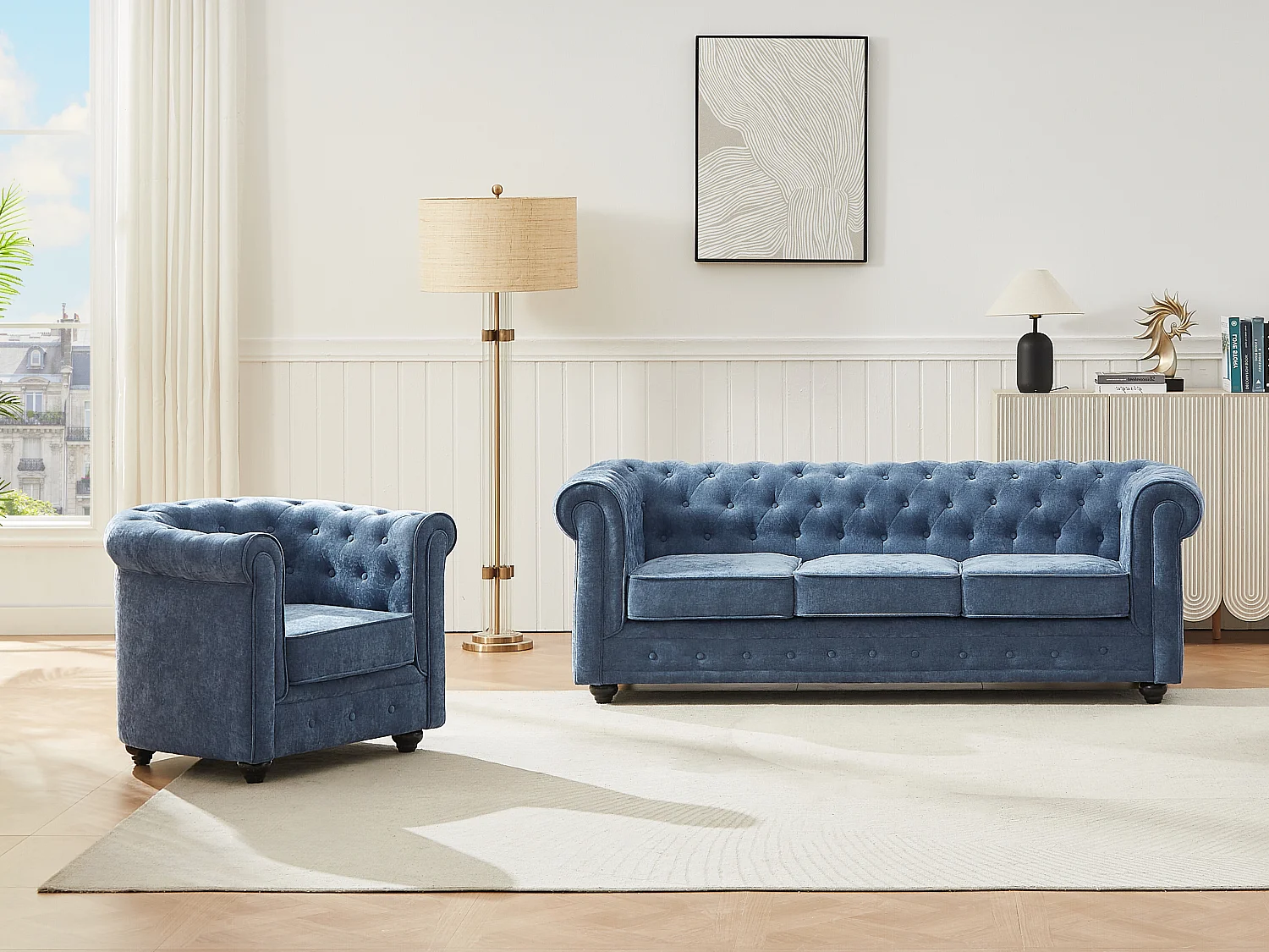 Kanapa 3-osobowa i fotel z niebieskiej tkaniny CHESTERFIELD 4420594