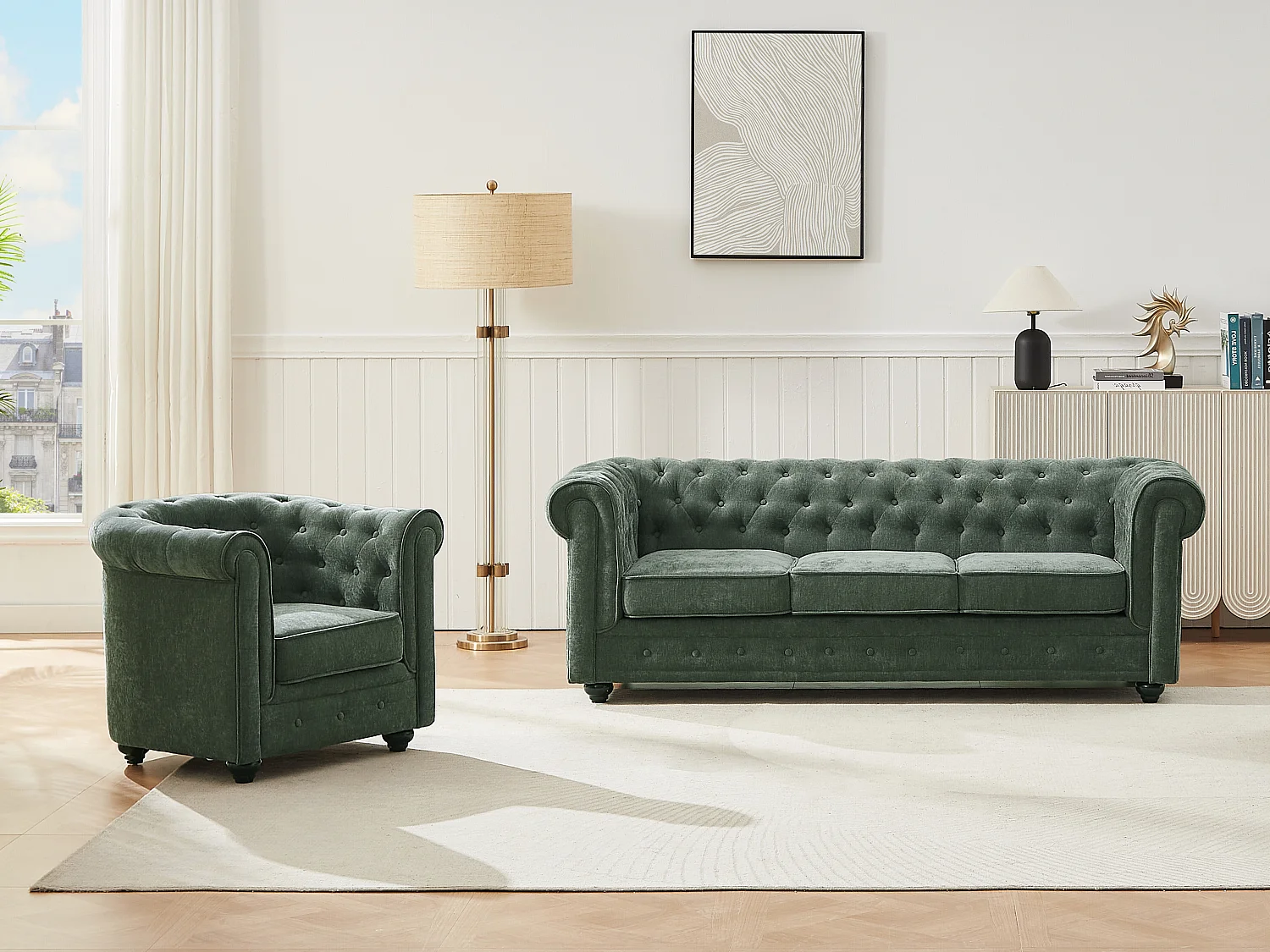 Kanapa 3-osobowa i fotel z zielonej tkaniny CHESTERFIELD 4420592
