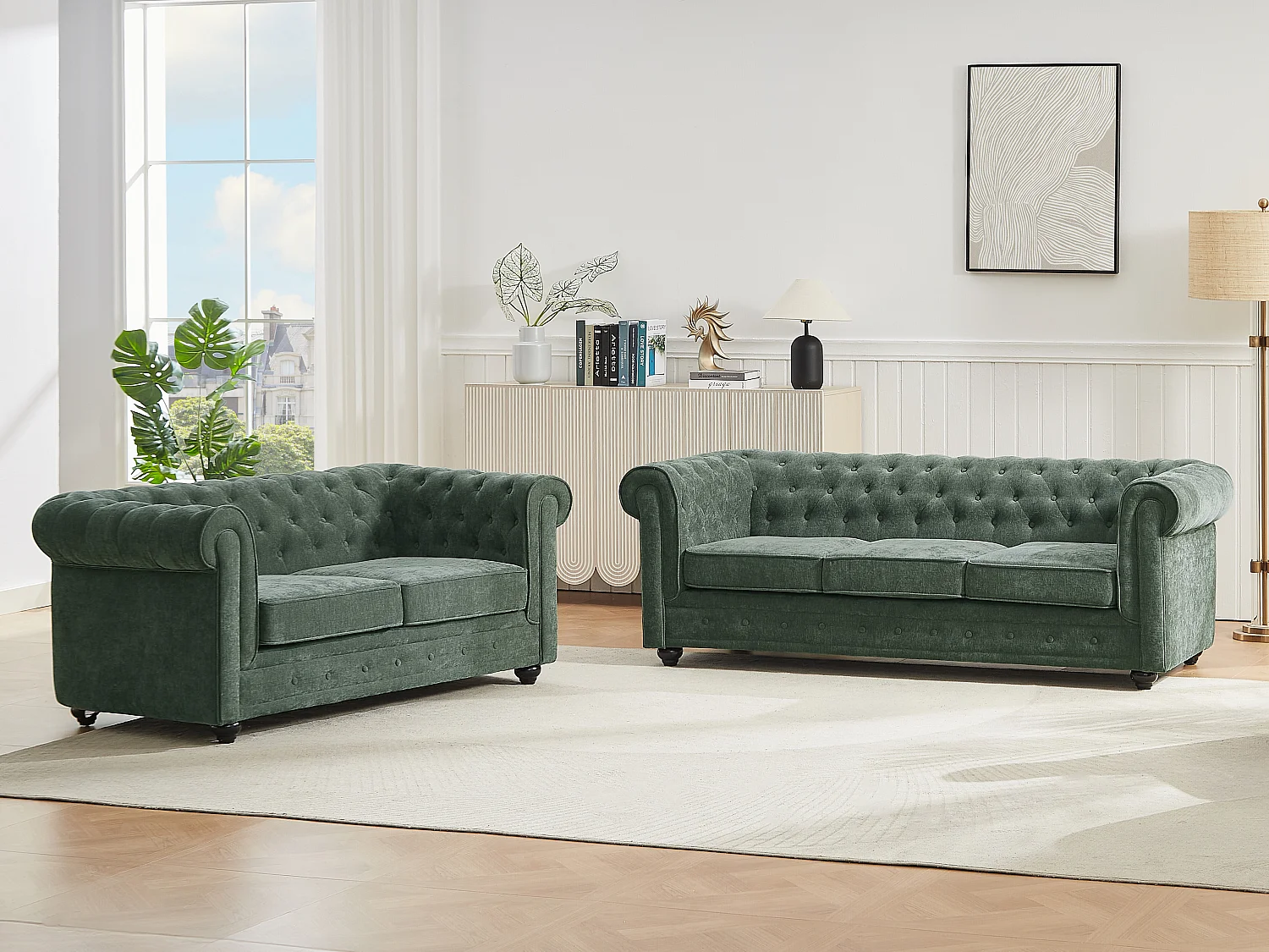 Kanapa 3-osobowa i 2-osobowa z zielonej tkaniny CHESTERFIELD 4420590