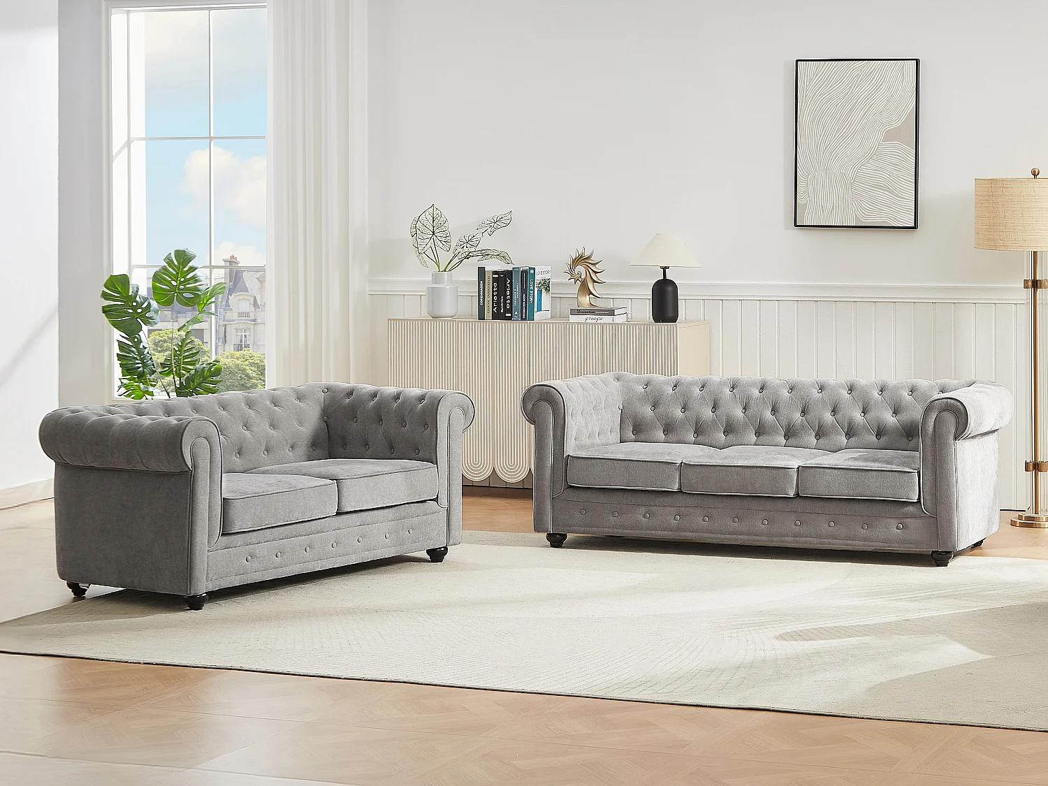 Kanapa 3-osobowa i 2-osobowa z szarej tkaniny CHESTERFIELD 4419596