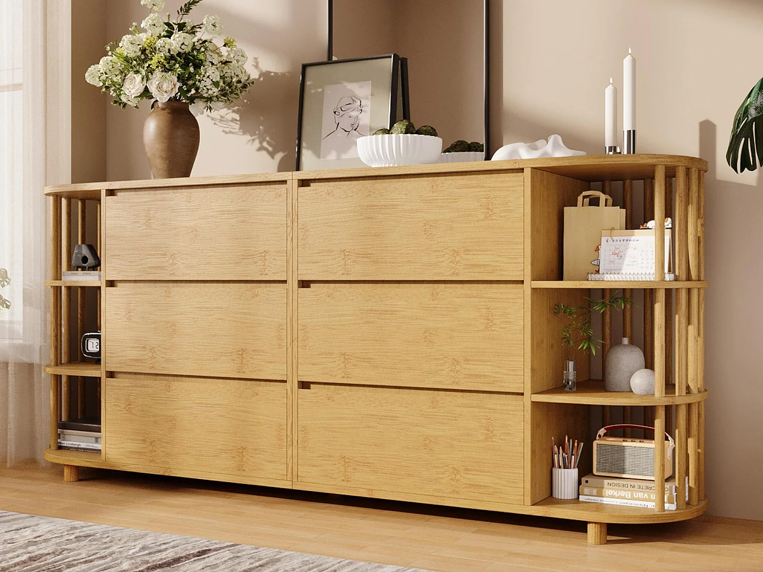 Buffet w stylu dębu 160x40x75cm - z 6 szufladami - z otwartymi półkami - design romański - Naturalny 4507840 - obrazek 1