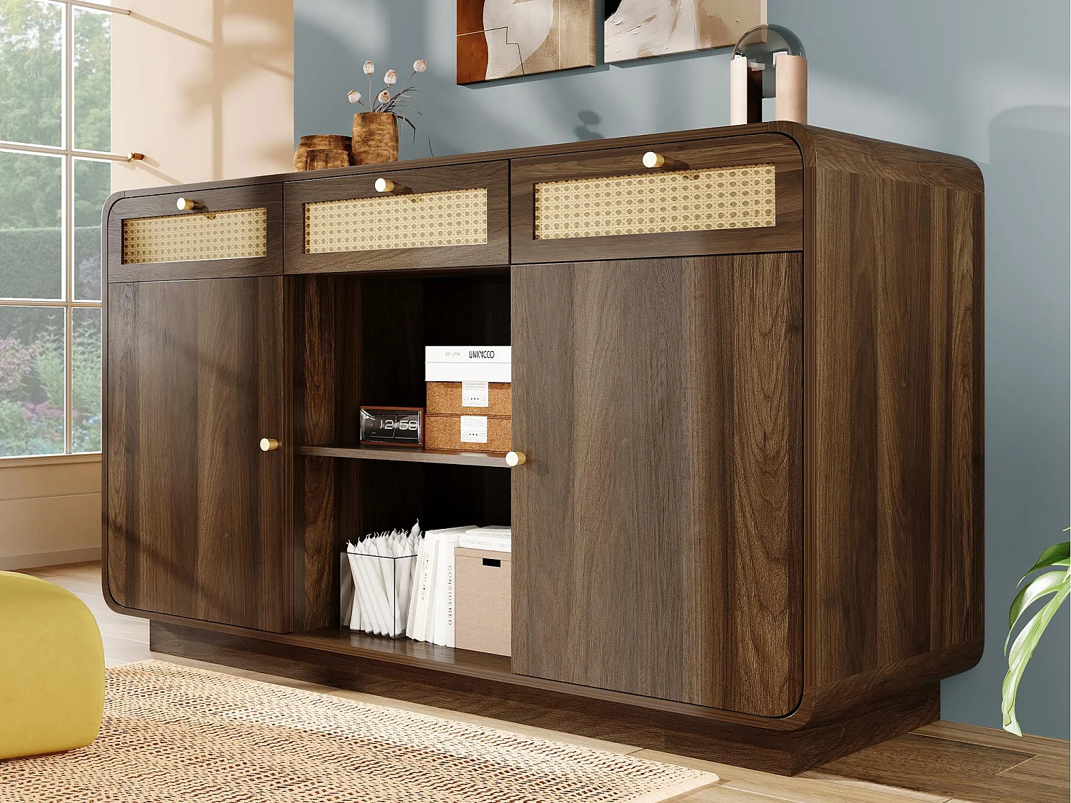Buffet w stylu orzecha 120x40x85cm - z 2 drzwiami i 3 szufladami z rattanu - otwarte przegródki - Orzech 4507927 - obrazek 1