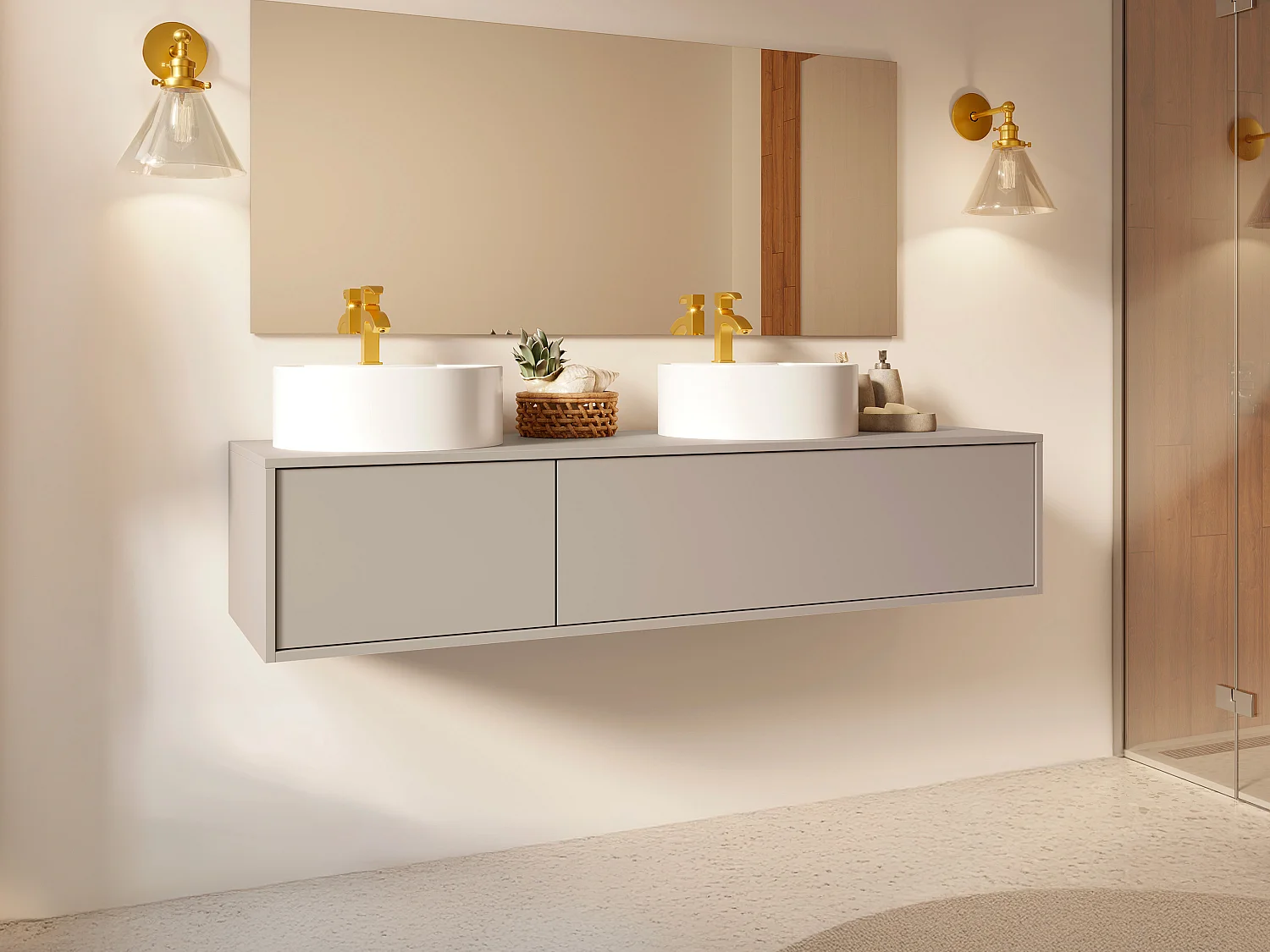 Szafka łazienkowa wisząca w kolorze beżowym z podwójną okrągłą umywalką - L150 cm - ISAURE II 4509841 - obrazek 1