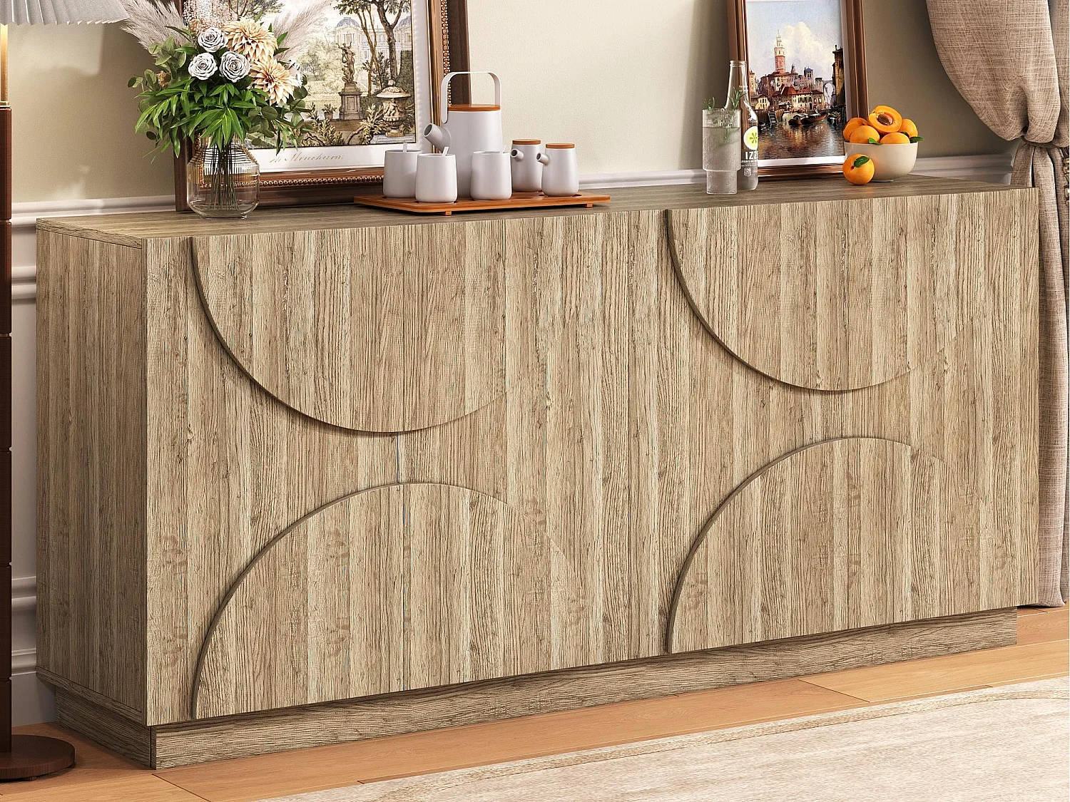 Buffet 160x40x80cm - z 4 drzwiami - z półkami - wygląd drewna - Płyty wiórowe - Naturalny 4511514 - obrazek 1