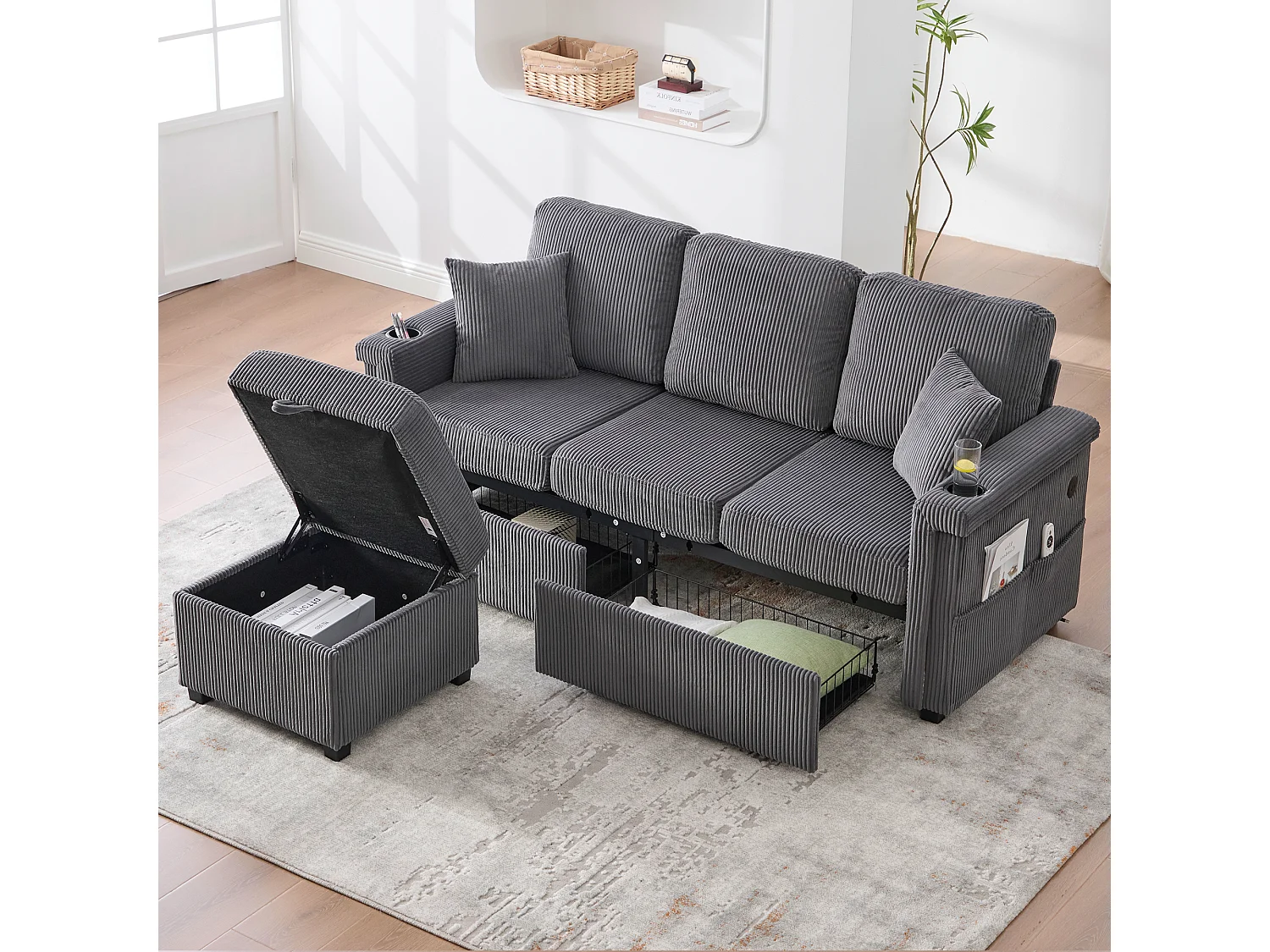 Ciemnoszara sofa 4-osobowa – Sofa narożna z oświetleniem LED i podnóżkiem ze schowkiem – uchwyt na kubek i boczne kieszenie – sztruks 4519309