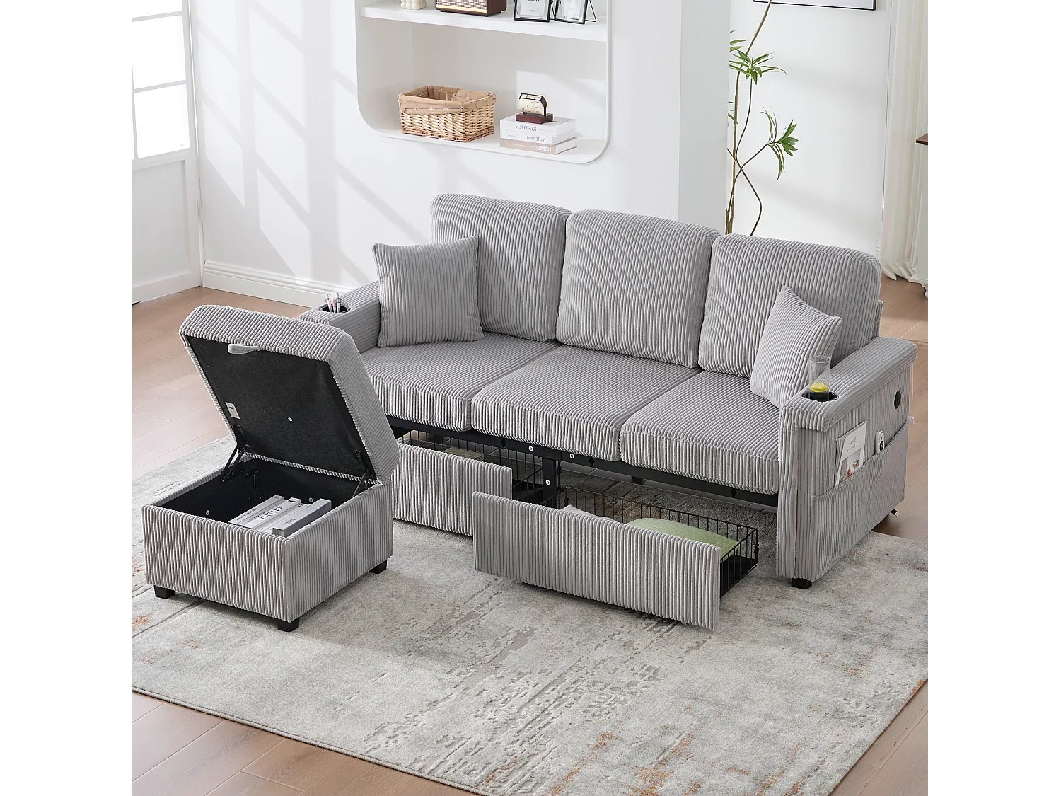 Jasnoszara sofa 4-osobowa - Sofa narożna z oświetleniem LED i podnóżkiem ze schowkiem - uchwyt na kubek i boczne kieszenie - sztruks 4519319 - obrazek 1