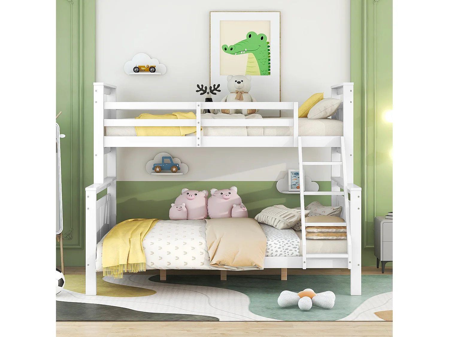 Łóżka piętrowe 90 x 200 cm i 140 x 200 cm – Łóżko młodzieżowe z drabinką i barierkami – Białe drewno – Materac nie jest wliczony w cenę 4520025