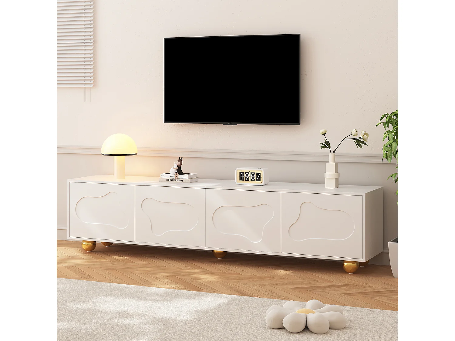 Biały stolik pod TV – stolik pod TV z 4 drzwiami i 5 kulistymi nóżkami – Drzwi w kształcie chmur 4520217