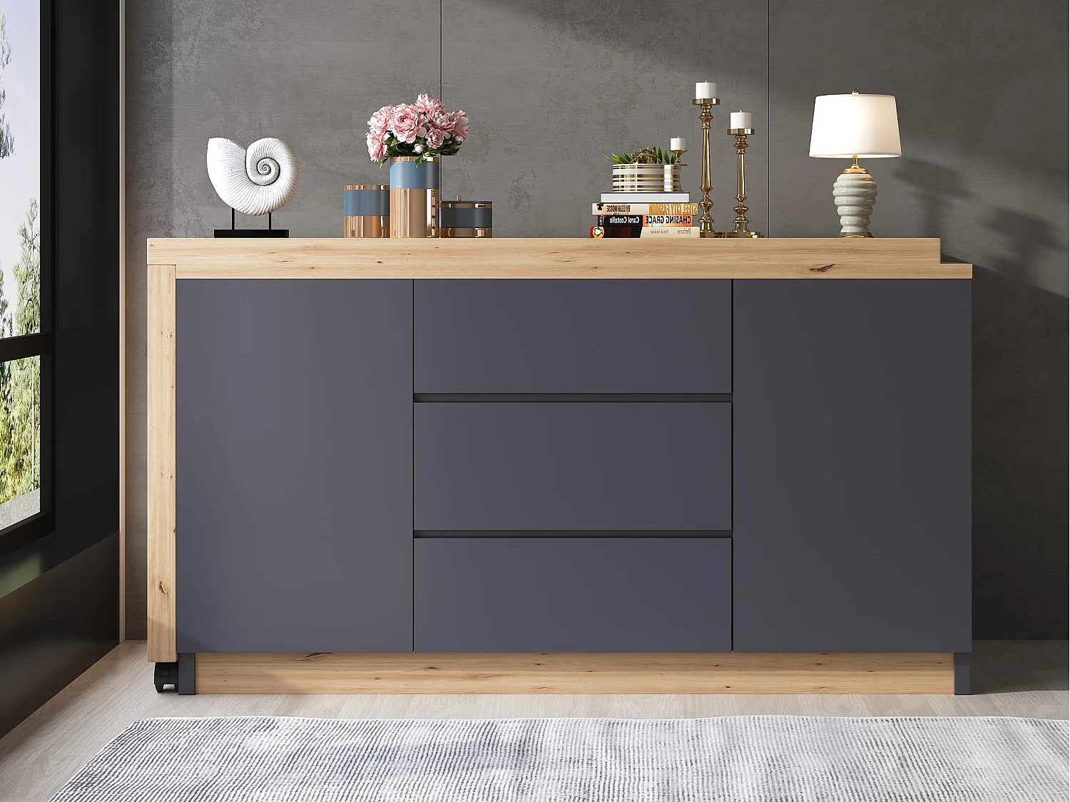 Biurko narożne 120x50x76.5 cm - Obrotowy blat - 3 szuflady i 2 drzwi - Z blokowanymi kółkami - Szary+naturalny 4520298 - obrazek 1