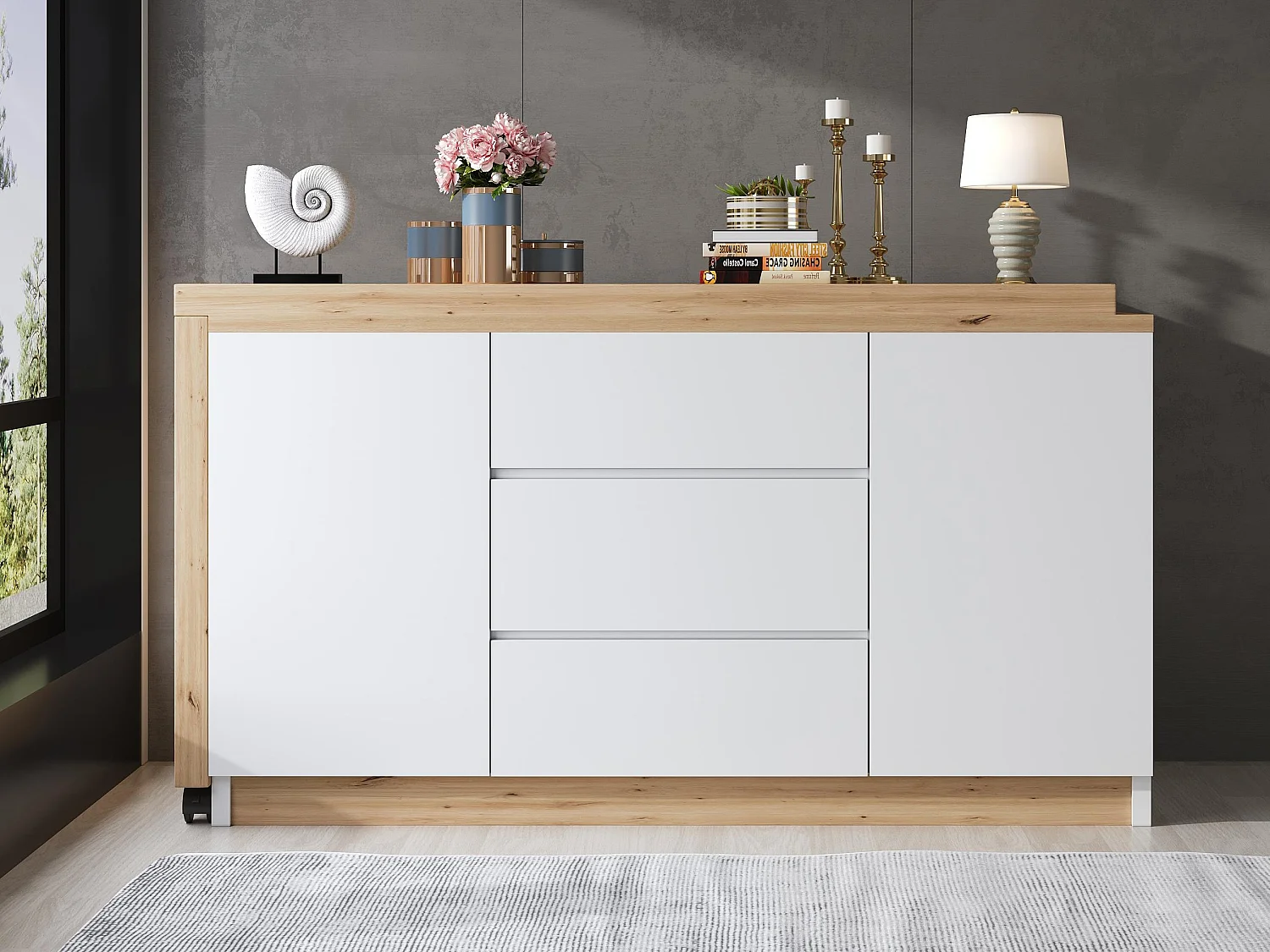 Biurko narożne 120x50x76.5 cm - Obrotowy blat - 3 szuflady i 2 drzwi - z blokowanymi kółkami - Biały+naturalny 4520306 - obrazek 1