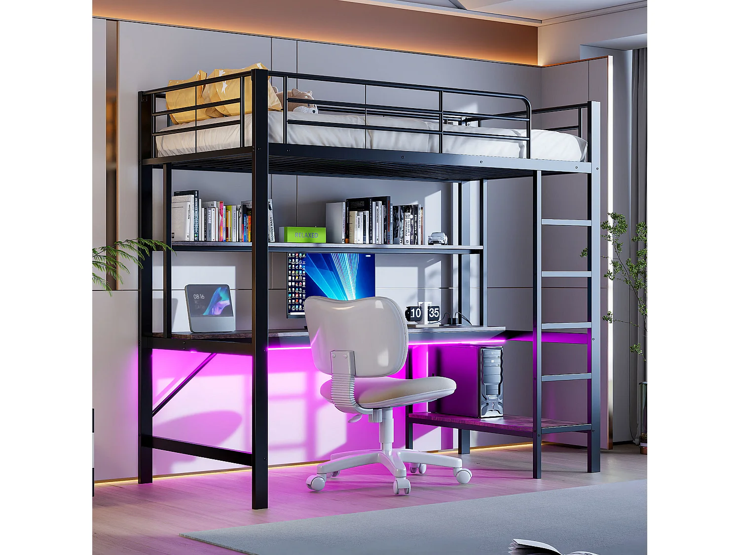 Łóżko antresolowe 90x200 cm z oświetleniem USB i LED, półkami i biurkiem, czarne – bez materaca 4521114 - obrazek 1