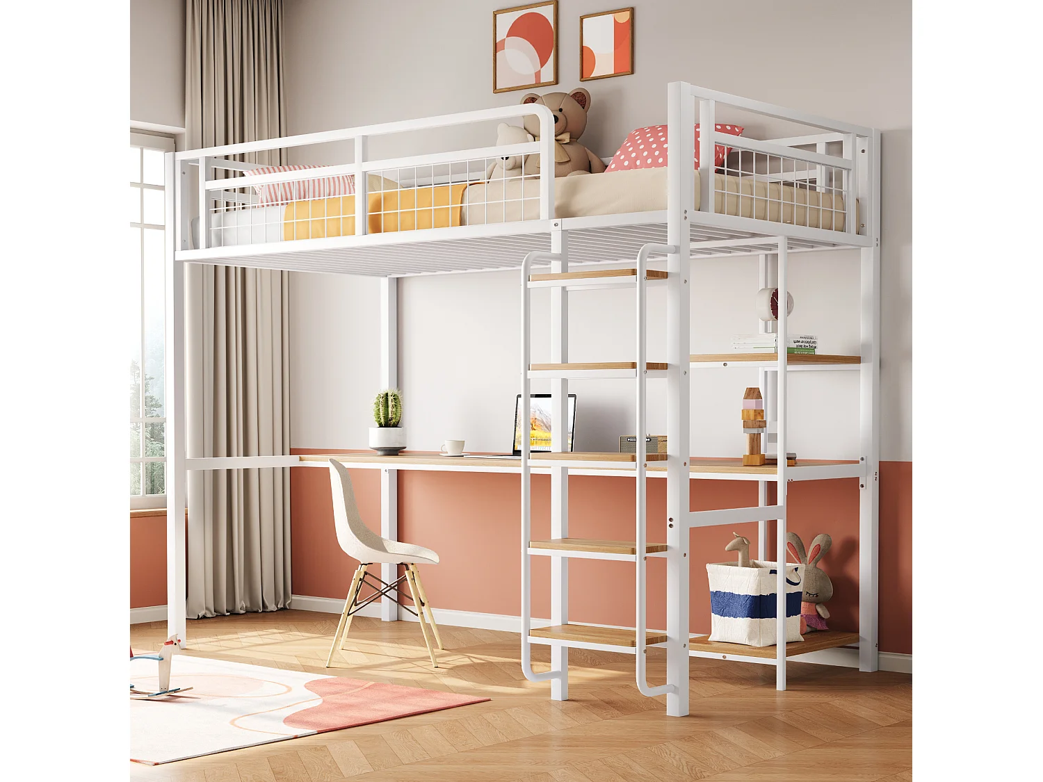 Łóżko antresolowe pojedyncze 90x200 cm z biurkiem i półkami, białe – bez materaca 4521111 - obrazek 1