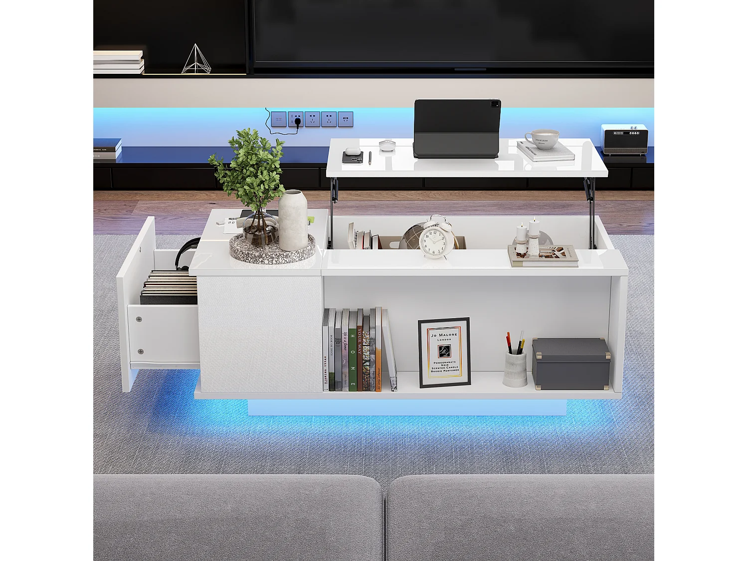 Biały stolik kawowy z regulowanym blatem i 1 szufladą do przechowywania, oświetlenie LED 4521113