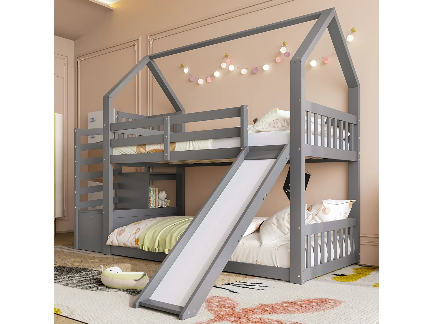 Łóżka piętrowe - 2 x 90 x 200 cm - ze schodkami do przechowywania + zjeżdżalnia - łóżko kabinowe - drewno - szare 4529982 - obrazek 1